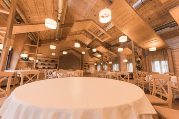 Empty restaurant with wooden interior