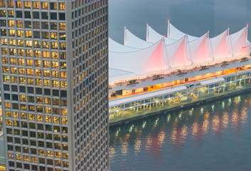 Canada Place at night, aerial view of Vancouver skyline