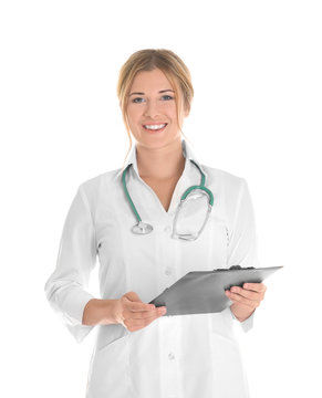 Doctor with clipboard on white background