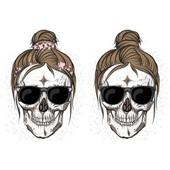Girl's skulls. Fashionable hairstyles. Hanging curls. Glasses. Set