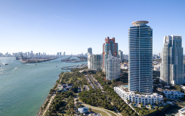 Fototapeta na wymiar Miami South Pointe skyscrapers and ocean - Aerial view