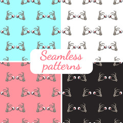 Set. Seamless patterns. Skeletal hands hold eyeballs. Fearfully.