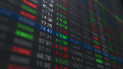 Fototapeta premium 3d render Stock market chart or data on LED display. Various type of financial and investment products in Bond market. Data analyzing in forex market trading: the charts and summary info
