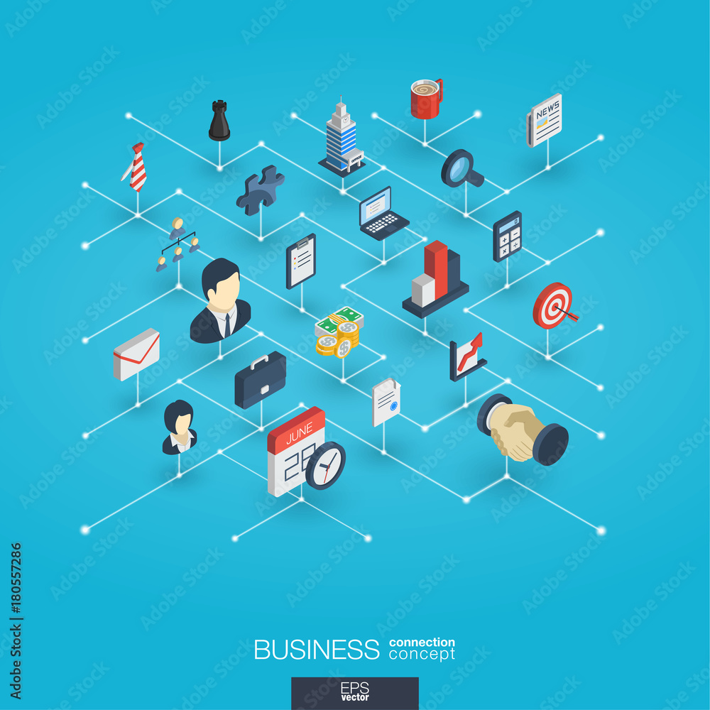 Poster business integrated 3d web icons. digital network isometric interact concept. connected graphic desi