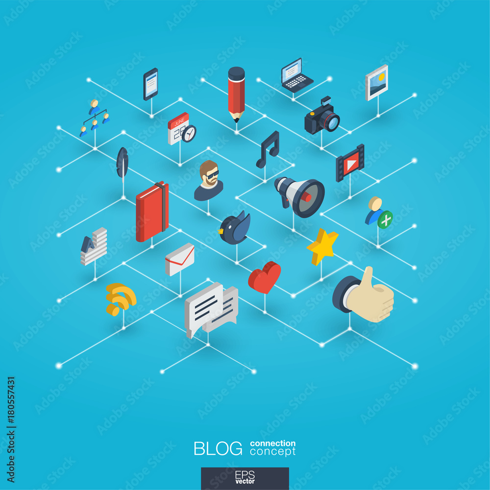 Poster blog integrated 3d web icons. digital network isometric interact concept. connected graphic design d