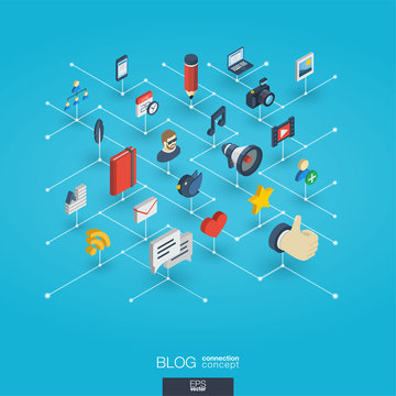 Blog integrated 3d web icons. Digital network isometric interact concept. Connected graphic design dot and line system. Background whith video content publish, post writing, follower. Vector Infograph