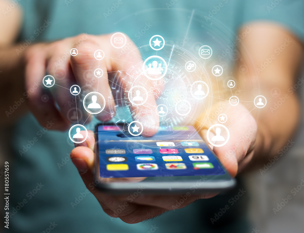 Poster international network displayed on a futuristic interface with globe and connection - technology and