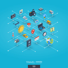 Travel integrated 3d web icons. Digital network isometric interact concept. Connected graphic design dot and line system. Background whith tour map, hotel booking, flight ticket. Vector Infograph