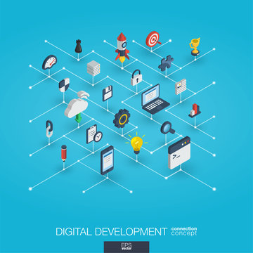 Development integrated 3d web icons. Digital network isometric interact concept. Connected graphic design dot and line system. Abstract background for programming, coding, app design. Vector Infograph