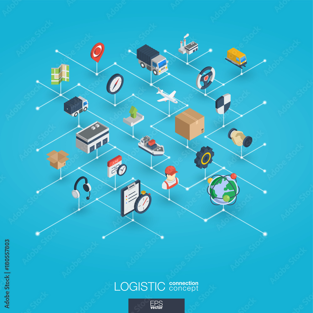 Poster logistic integrated 3d web icons. digital network isometric interact concept. connected graphic desi
