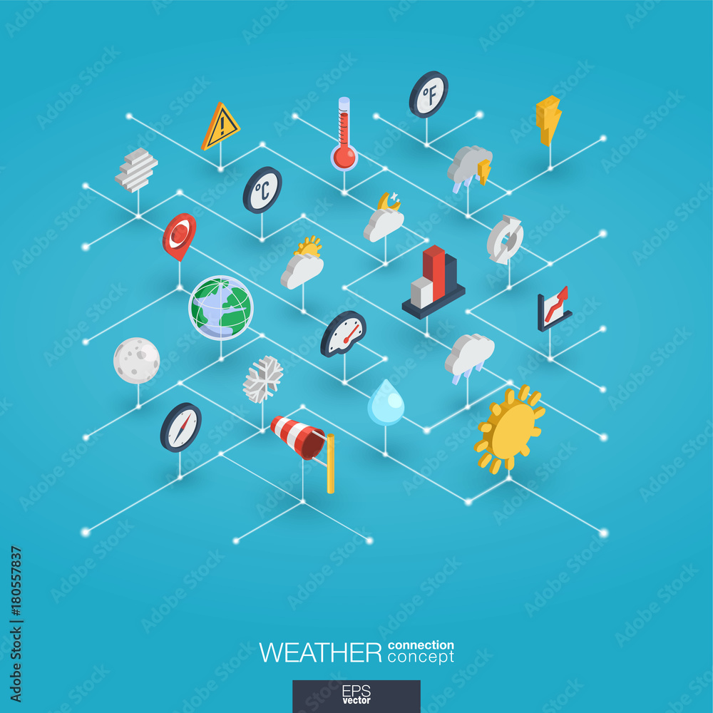 Poster weather forecast integrated 3d web icons. digital network isometric interact concept. connected grap