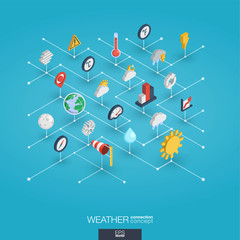 Weather forecast integrated 3d web icons. Digital network isometric interact concept. Connected graphic design dot and line system. Abstract background for meteorology and nature. Vector Infograph