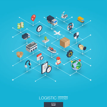 Logistic integrated 3d web icons. Digital network isometric interact concept. Connected graphic design dot and line system. Abstract background for warehouse, storage, shipping delivery and