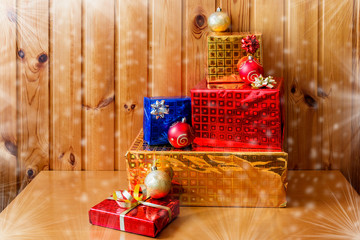 Christmas presents  on wooden background