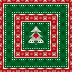 Winter Holiday Seamless Knitted Pattern with Christmas Tree and Heart. Scheme for Knitted Sweater Pattern Design or Cross Stitch Embroidery