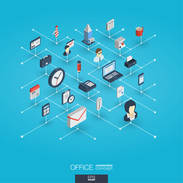 Office work integrated 3d web icons. Digital network isometric interact concept. Connected graphic design dot and line system. Abstract business background for teamwork, workspace. Vector Infograph