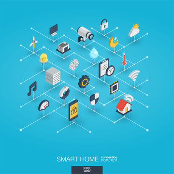 Smart home integrated 3d web icons. Digital network isometric interact concept. Connected graphic design dot line system. Abstract technology background for automation house security. Vector Infograph