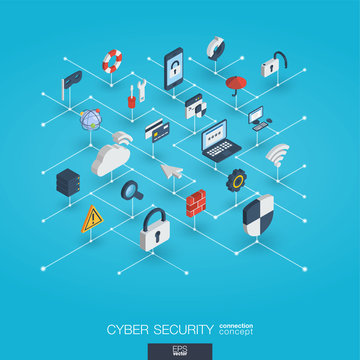 Cyber security integrated 3d web icons. Digital network isometric interact concept. Connected graphic design dot line system. Abstract big data protect background and internet safety. Vector Infograph