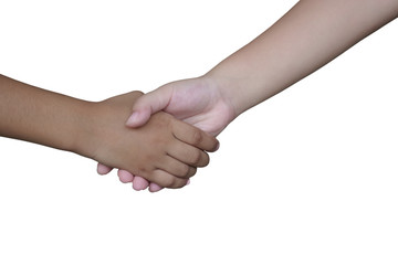 Girl child shakes hands isolated on white background