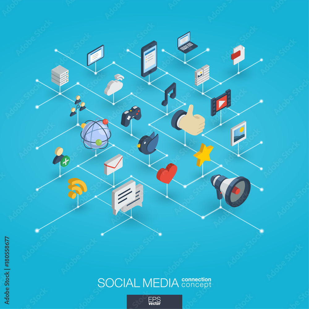 Poster social media integrated 3d web icons. digital network isometric interact concept. connected graphic 