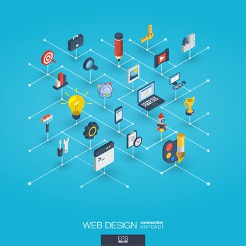 Web development integrated 3d icons. Digital network isometric interact concept. Connected graphic design dot and line system. Abstract background for seo, website, app design. Vector Infograph