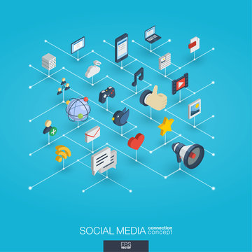 Social Media integrated 3d web icons. Digital network isometric interact concept. Connected graphic design dot and line system. Background for market service, communicate and share. Vector Infograph
