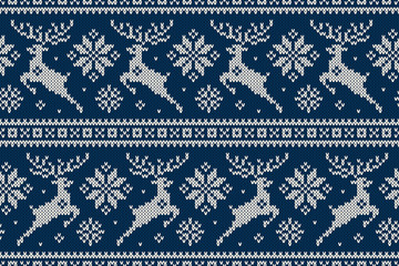 Winter Holiday Seamless Knitting Pattern with Christmas Reindeer and Snowflakes. Wool Knitted Sweater Design