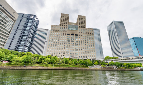 Osaka skyline from Neya river, Japan