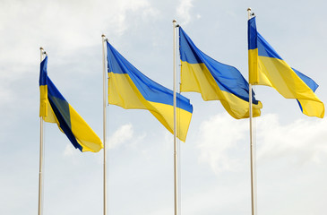 Flags of Ukraine and European Union (EU) against sky.