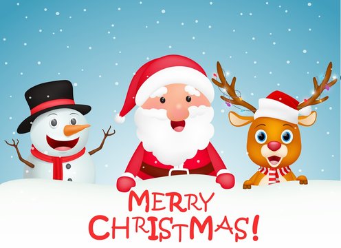 Merry Christmas background with Santa claus, snowman and reindeer 