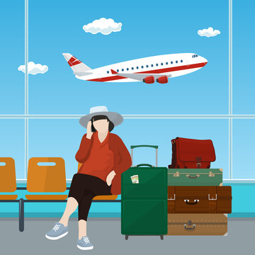 Waiting Room at the Airport with Woman, Passenger with Luggage on the Background of a Window with a Flying Airplane, Vector Illustration