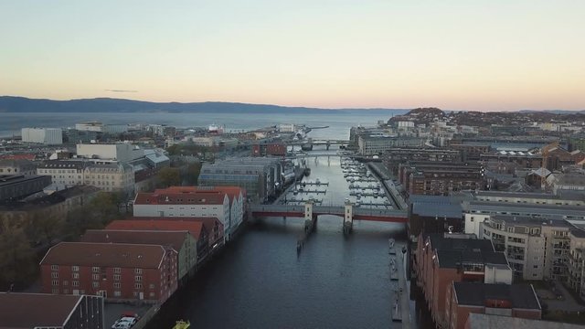 Sunset over Trondheim. Aerial of the city, top view. Norway