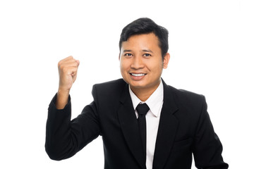 Portrait of a business man celebration success. Isolated on white background