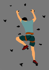Fototapeta na wymiar Extreme sportsman climb without roop. Man climbing vector silhouette illustration, isolated on background. Sport weekend action in adventure park. Rock wall for fun. Tough and healthy discipline.