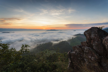Plakat Fog on the mountain. morning fog in the mountains. beautiful landscape with mountain view and morning fog on sunrise. amazing natural background. Sunrise of dense fog, thailand.