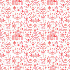 Christmas, new year seamless pattern, line illustration. Vector icons of winter holidays christmas tree, gifts, letter to santa, presents, jingle bells. Celebration party red repeated background.