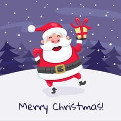 Christmas greeting card. Santa Claus dancing in the snow and holding a present. Vector illustration. 