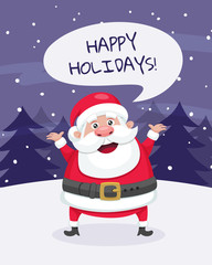 Christmas greeting card. Santa Claus illustration in cartoon style and winter trees background. Vector illustration.  
