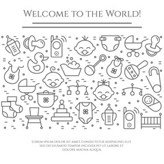 Baby theme horizontal banner. Pictograms of baby, pram, crib, mobile, toys, rattle, bottle, diaper, bathtub, cloth, bib and other newborn related elements. Line out symbols