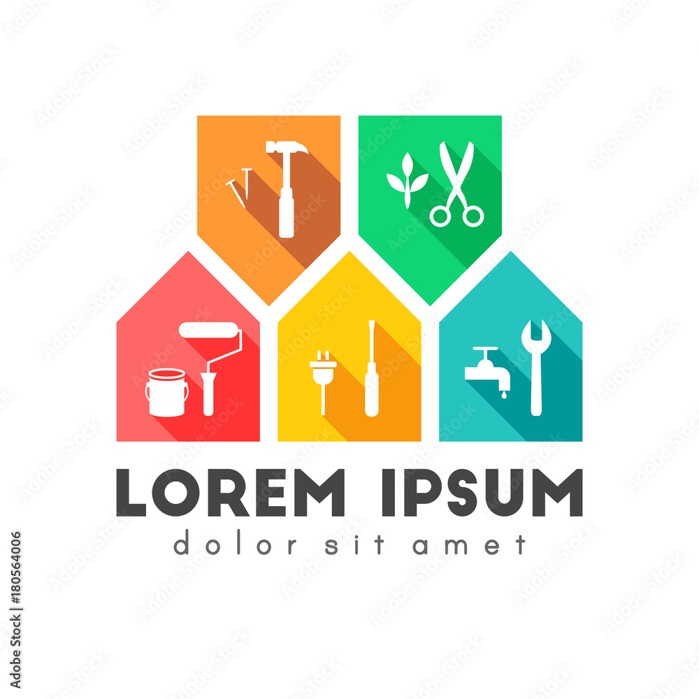 Poster building and maintenance concept with work tool icons. colorful flat design with long shadow.