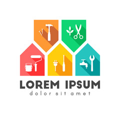Fototapeta premium Building and maintenance concept with work tool icons. Colorful flat design with long shadow. 