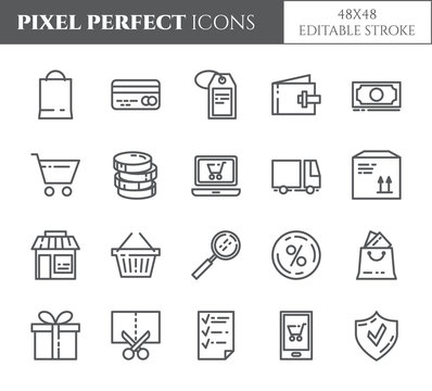 Shopping theme pixel perfect thin line icons. Set of elements of bag, credit card, shop, delivery, cash, wallet, cart, sticker and other purchases pictograms. Vector.
