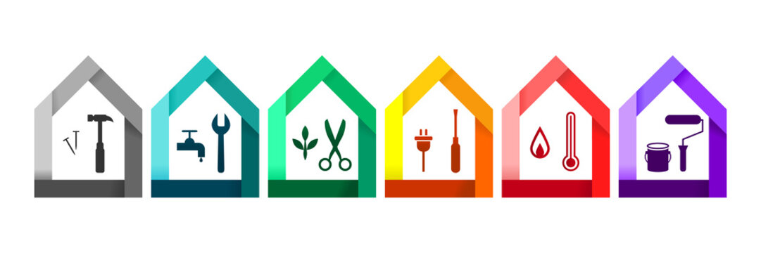 House set with various work tools as building and construction concept. Hammer, wrench, clipper, screwdriver, themometer and paint roller icons.