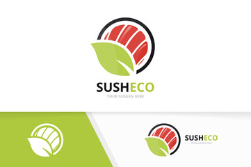 Vector sushi and leaf logo combination. Japanese food and eco symbol or icon. Unique seafood and organic logotype design template.