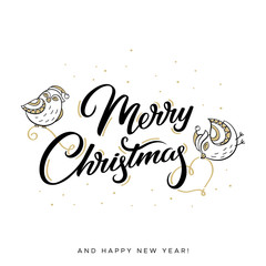 Merry Christmas text. Lettering and birds on a white background. Handmade calligraphy vector illustration for greeting card, banner, invitation, flyers.