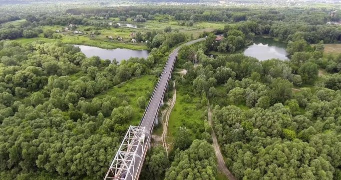 Aerial view of the desna river. Aerial view of the motor bridge across the river