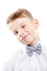 Young smiling stylish schoolboy with bow isolated on white background