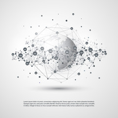 Cloud Computing and Networks Concept with Earth Globe - Global Digital Network Connections, Technology Background, Creative Design Template with Transparent Geometric Grey Wire Mesh