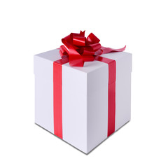 christmas gift white box with red bow and ribbon isolated on a white background