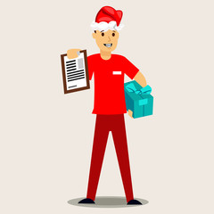 Delivery man in a red Santa hat and gift box. Vector Christmas illustration isolated on background.